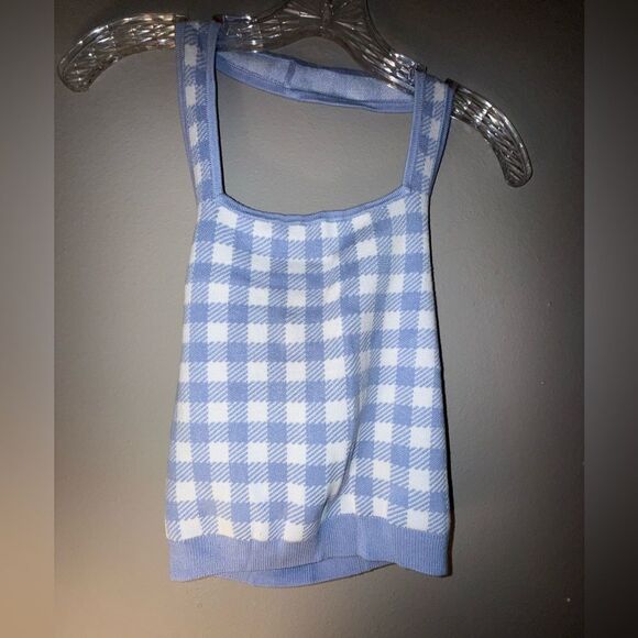 Abercrombie & Fitch Light Blue and White Gingham Knit Top Small - Picture 1 of 4